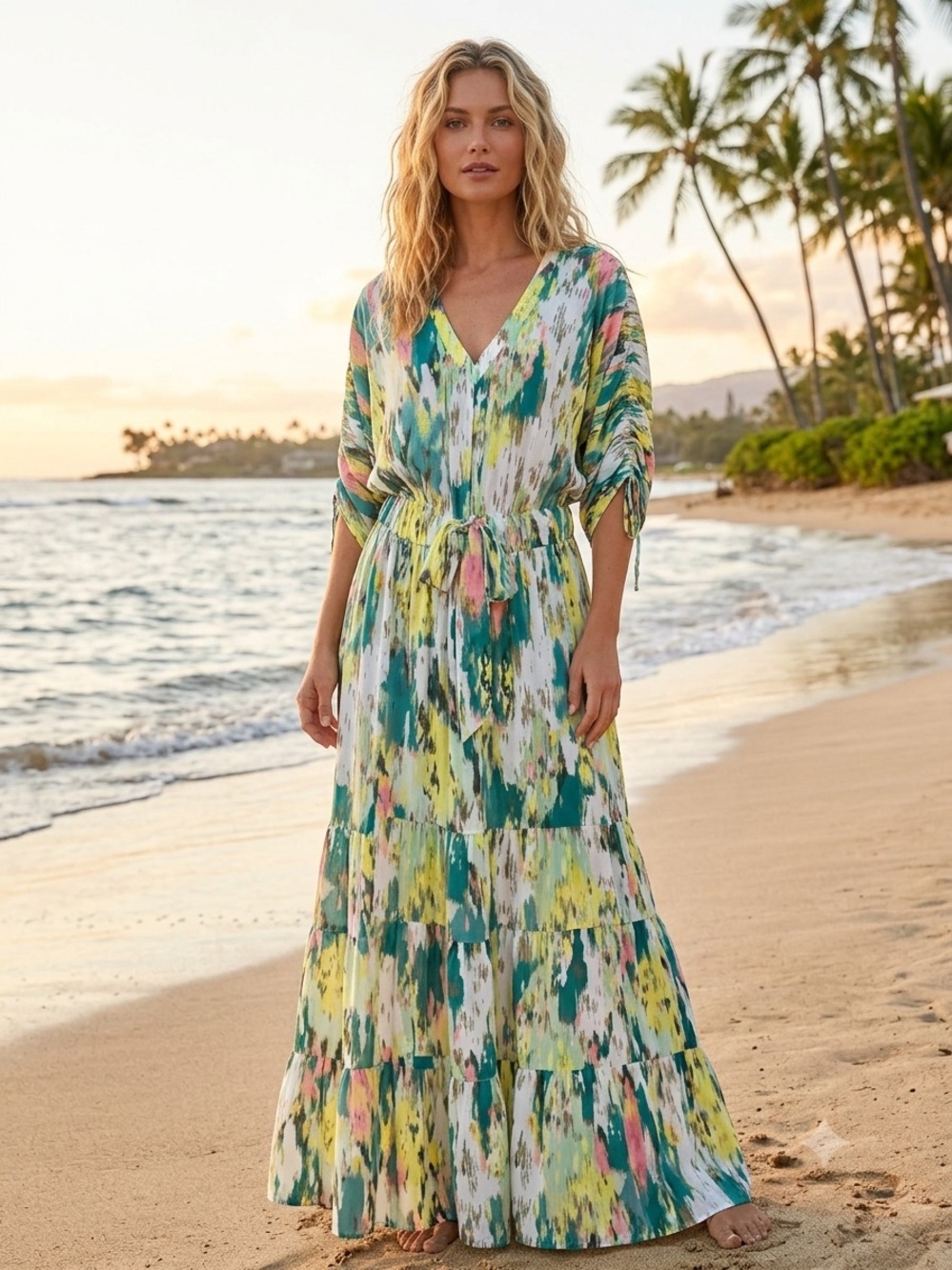 Melissa McCarthy Seven7 Abstract Print V-Neck Tiered Maxi Dress XL